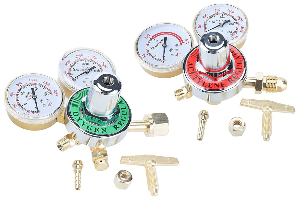 Baotkere 2pcs Dual Welding Gas Regulators, Oxygen (CGA-540) and Acetylene (CGA-510) Combo Brass Gauges Two-piece Suit Compatible with Victor Harris Torch Cutting kits Baotkere