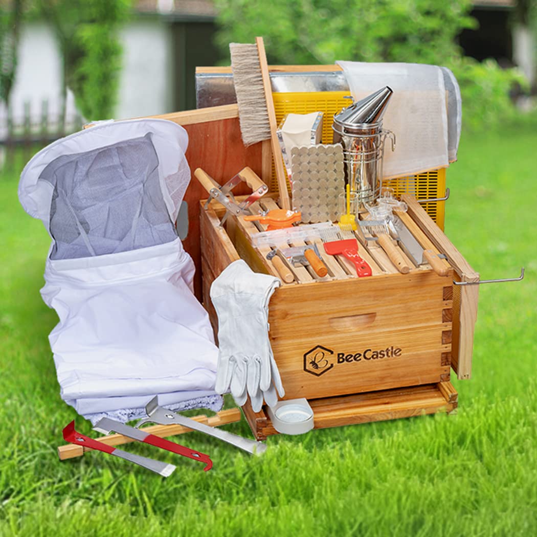BeeCastle 8-Frame Bee Hives and Supplies Starter Kit,Beehive Kit Dipped in 100% Beeswax,Bee Keeping Supplies-All Beginners Kit Includes Beekeeping Supplies Tool Set and Bee Suit. BeeCastle