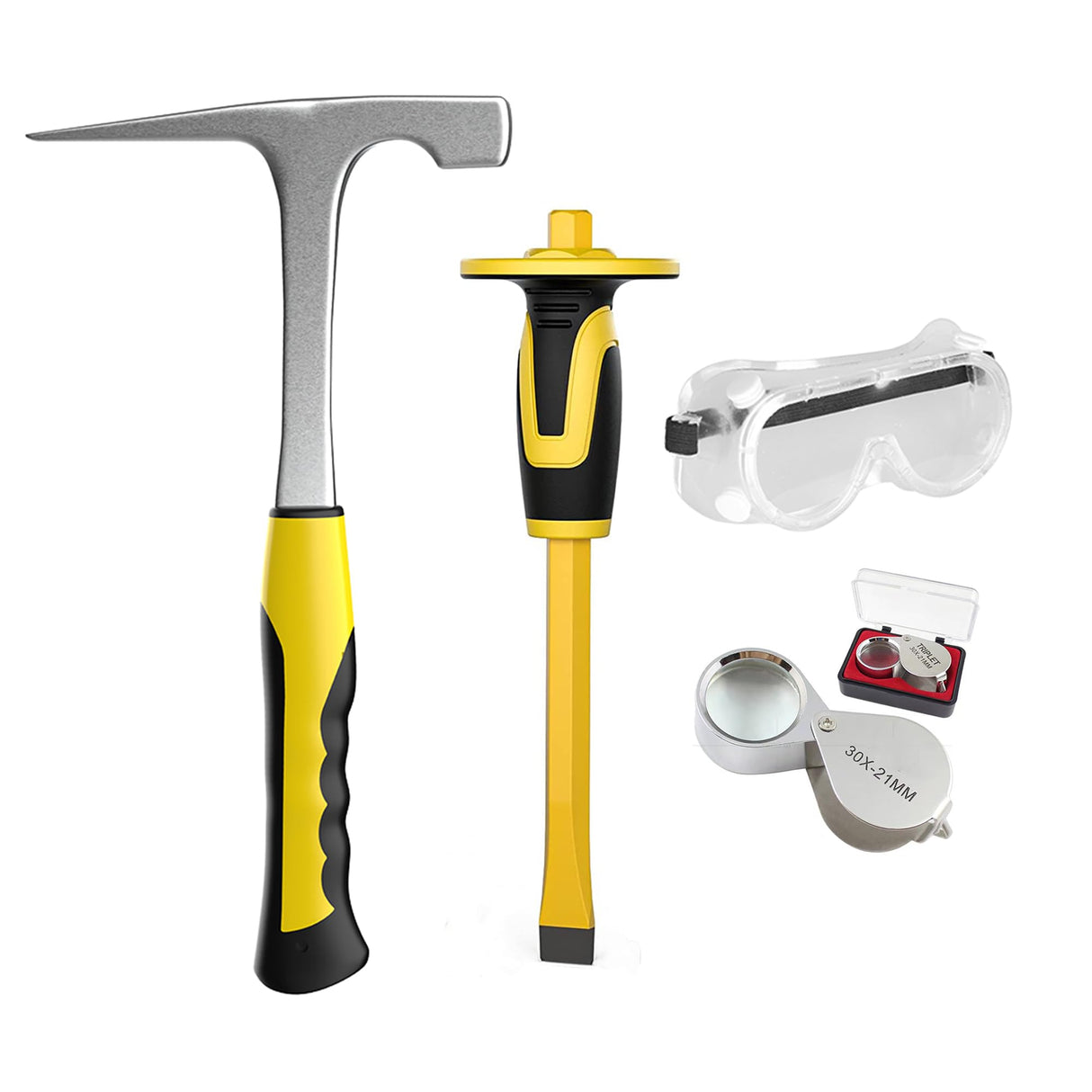 TZDTMEOS 4pcs Geology Rock Pick Hammer Kit, Geology Hammer Tools, 32oz Rock Hammer & Chisels with jewelers loupe,goggles. Tool Set for Rock Hounding, Hounding,Gold Mining & Prospecting, Stone Breaking TZDTMEOS