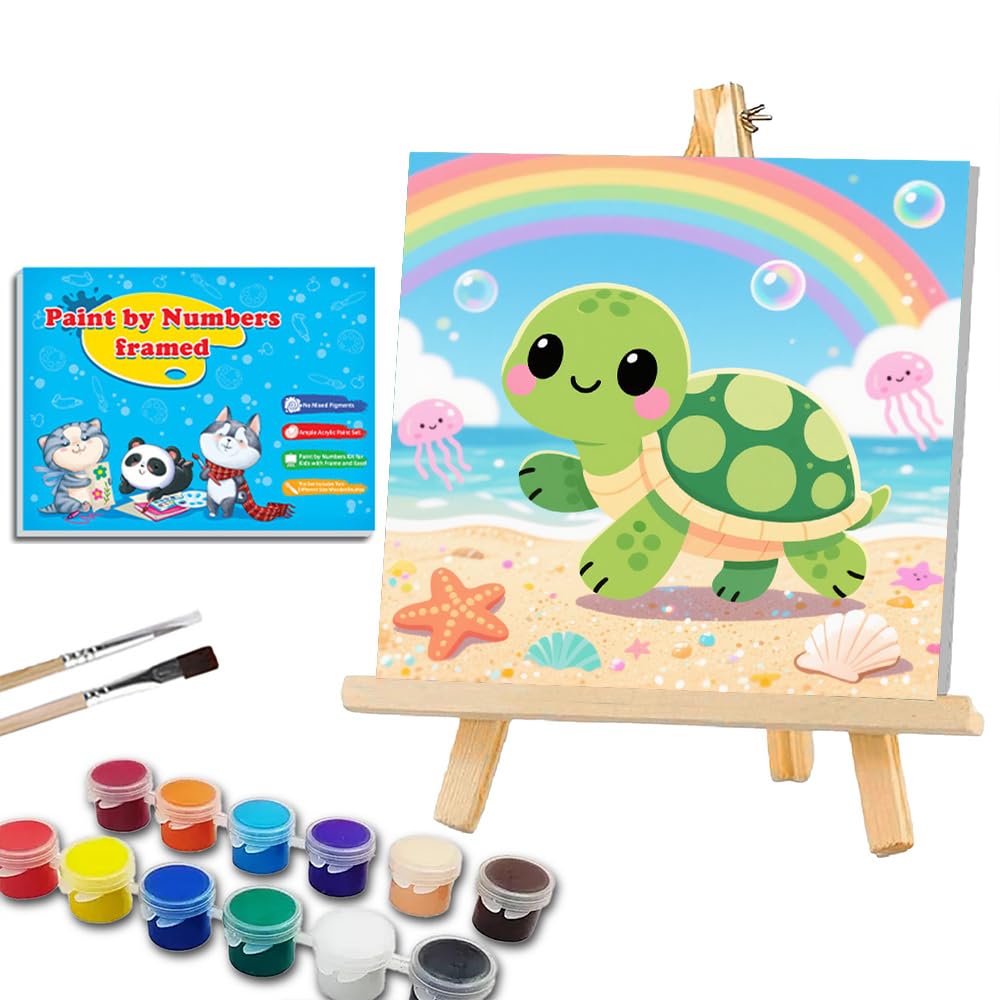WEMEON Sea Turtles Paint by Numbers Kit for Kids with Frame and Easel, Easy Paint by Numbers Kits for Kids Ages 4-6, Small Painting by Number for Birthday Gift, Painting Party(10X10inch) WEMEON