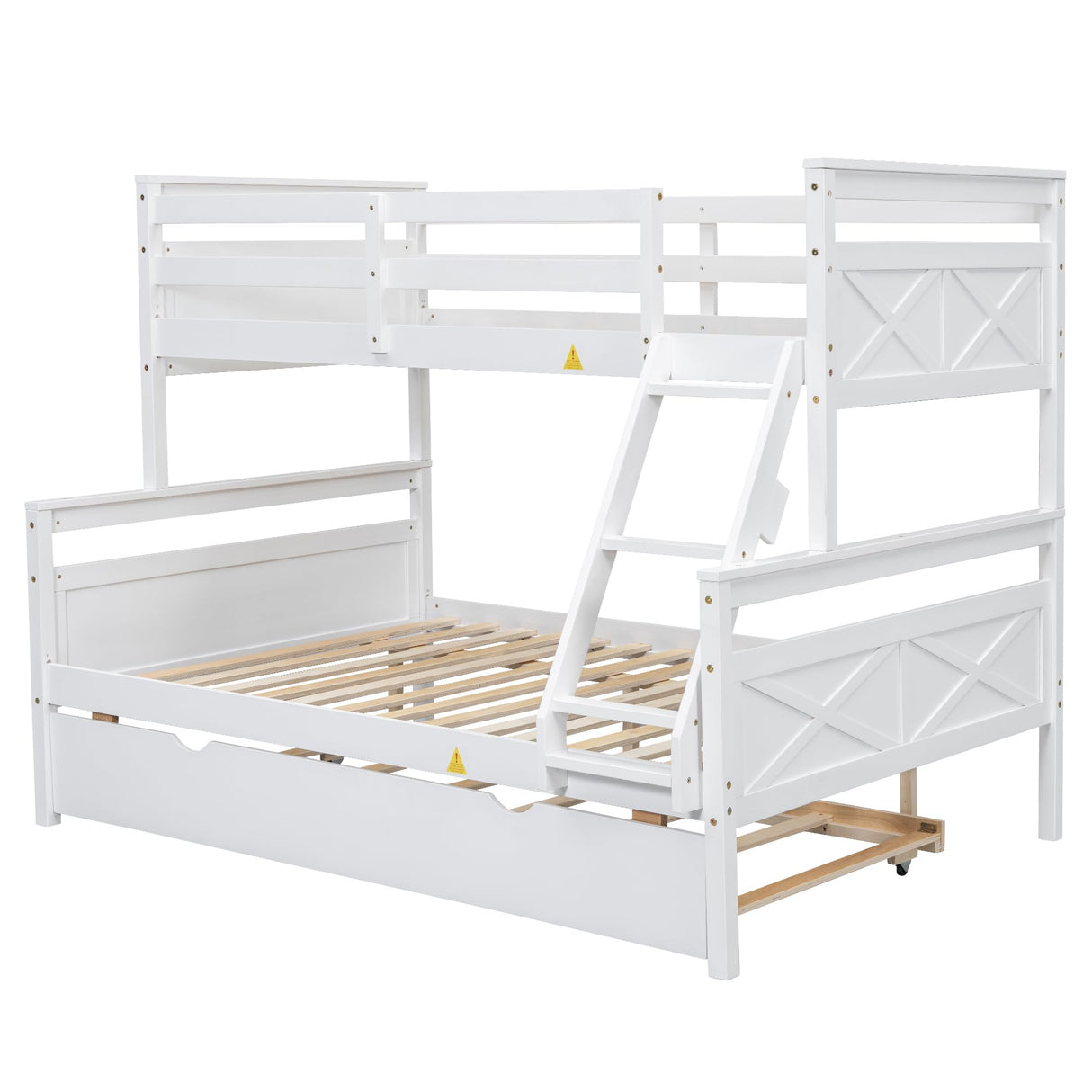Merax Twin Over Full Bunk Bed, Kids Bedroom White Wooden Bunk Bed Frame, Convertible to 2 Separated Beds with Trundle, Ladder & Safety Guardrail for Teens, Wood Slat Support, Easy Assembly, White Merax
