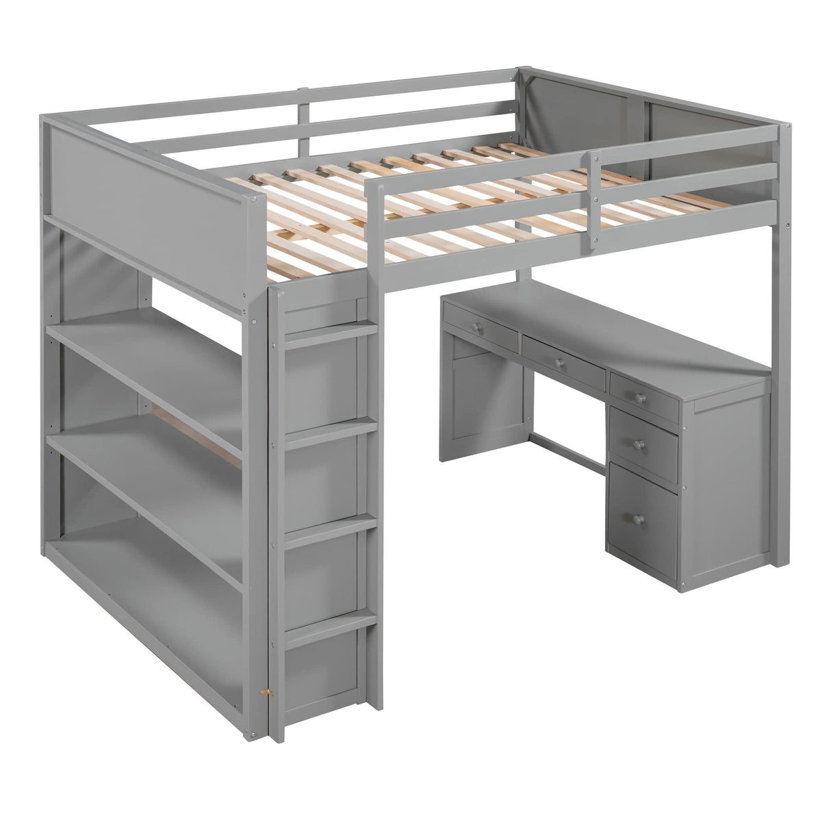 Full Loft Bed with Desk and Storage Bookcase Shelves,Solid Wood Loft Bed Frame with Storage Drawers and Built-in Ladders,Muti-functional High Loft Bed for Kids Boys Girls Teens(Grey) Harper & Bright Designs