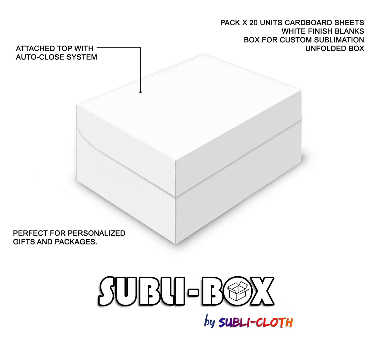 Subli-Cloth Subli-Box Cardboard Customizable Blank Gift Box Square Auto-Close Sublimation Box Pack 20 Units Subli-Cloth
