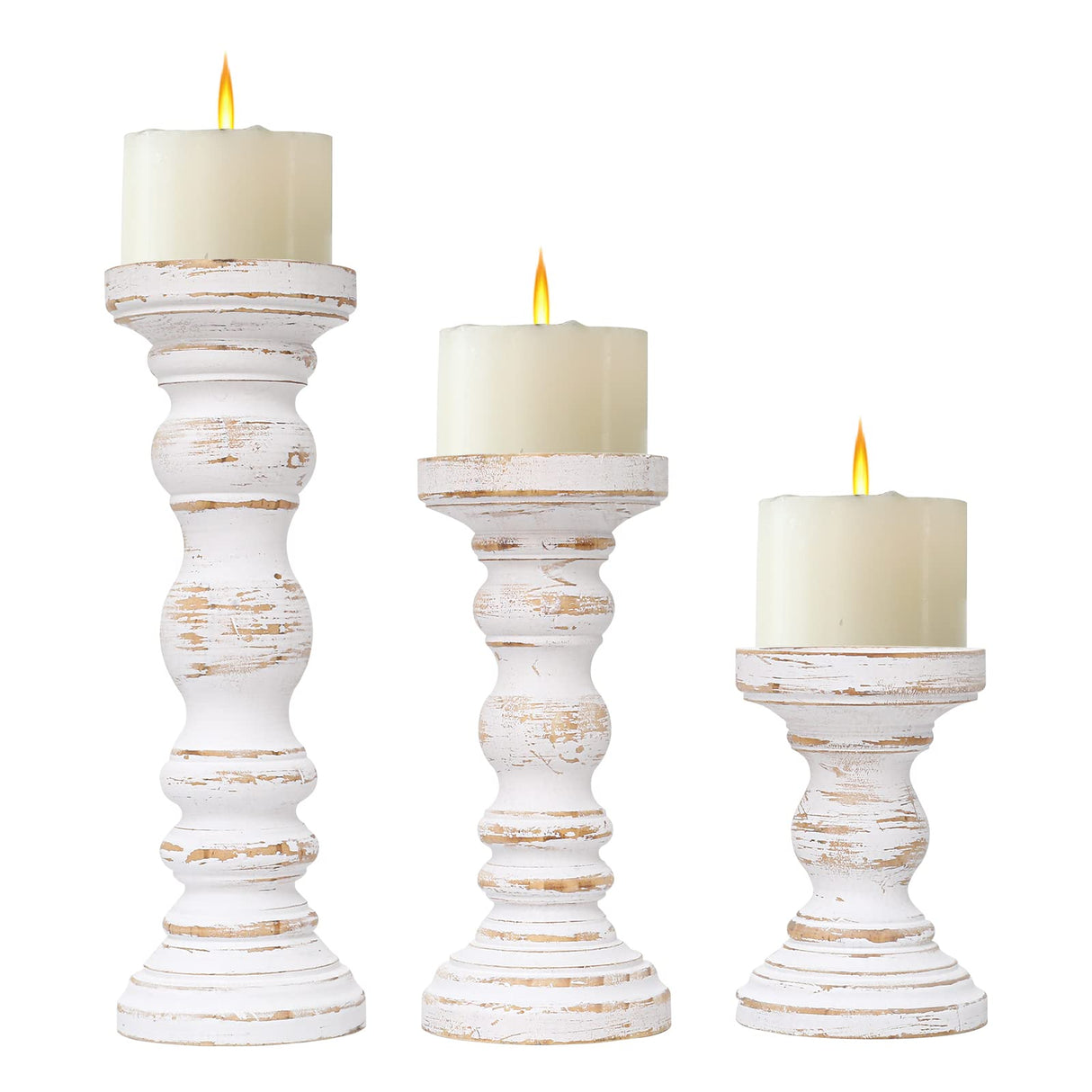 SwallowLiving Rustic Farmhouse Wood Pillar Candle Holder Set of 3 for Candlestick, White SwallowLiving