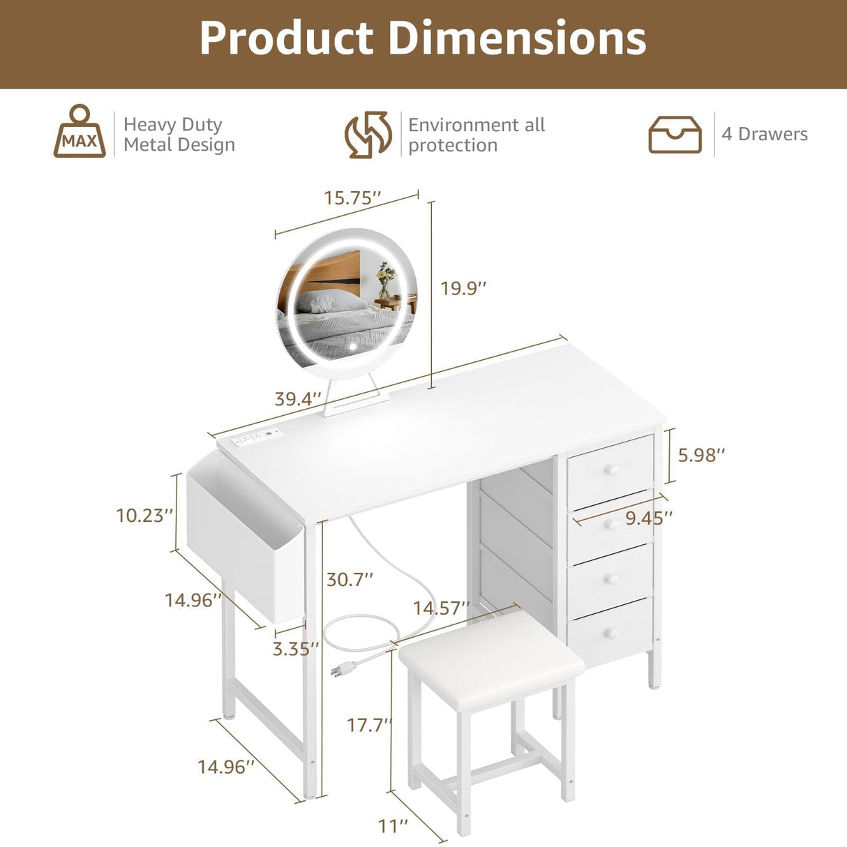 KAI-ROAD White Vanity Desk with Mirror and Light- Makeup Vanity Set Table with Chair, Storage, Lighted Mirror, 4 Large Fabric Drawers & Power Outlet, Dressing Table Vanities for Girls Bedroom KAI-ROAD