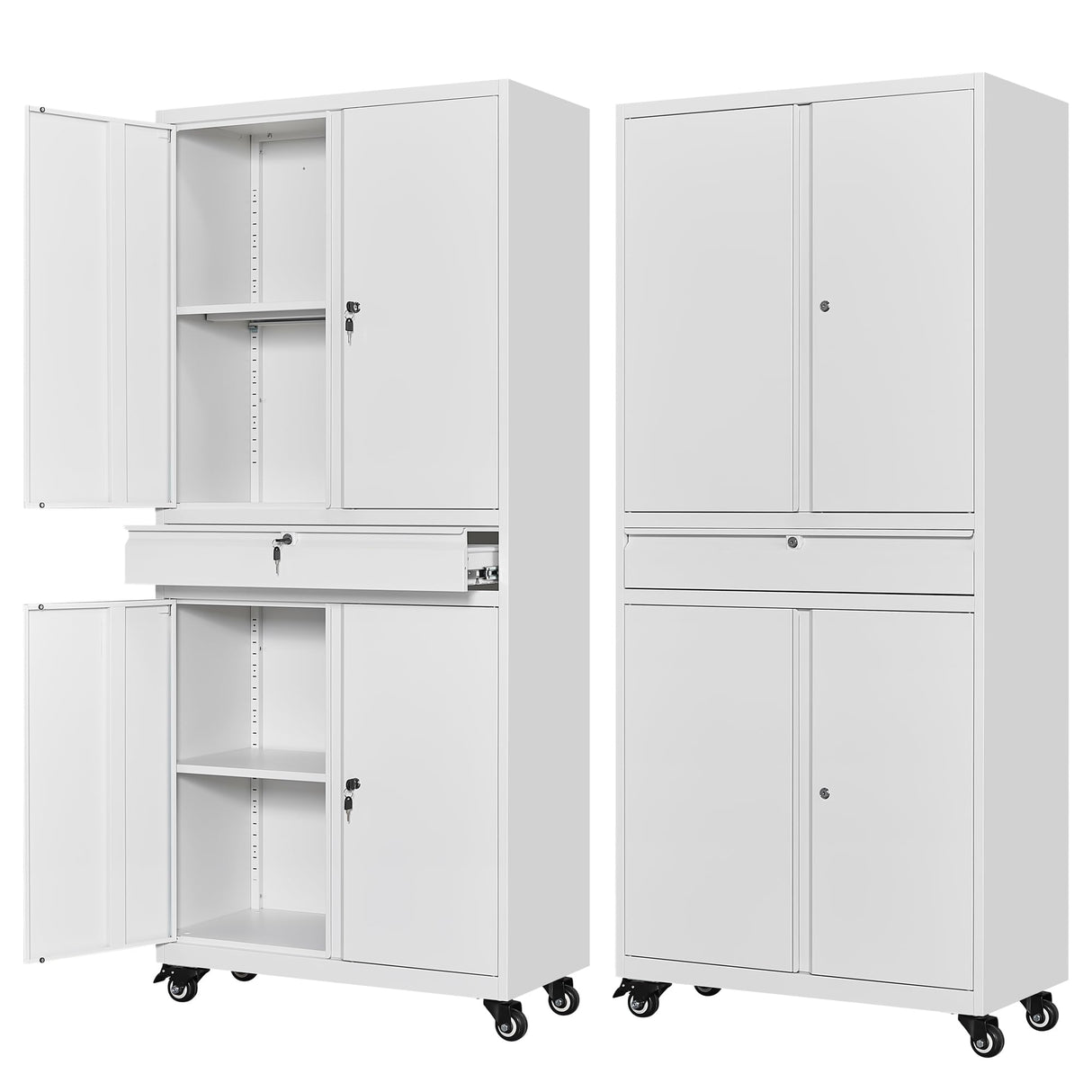 Letaya Metal Garage Storage Cabinet with Wheels,72“ Rolling Tool Cabinet with 4 Door Lock-Adjustable Shelves and Drawer for Garage Home Office Utility Room (White with Wheels) Letaya