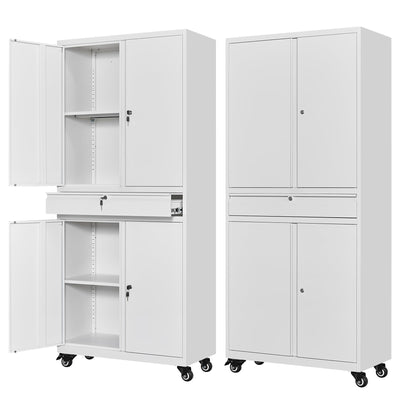 Letaya Metal Garage Storage Cabinet with Wheels,72“ Rolling Tool Cabinet with 4 Door Lock-Adjustable Shelves and Drawer for Garage Home Office Utility Room (White with Wheels)