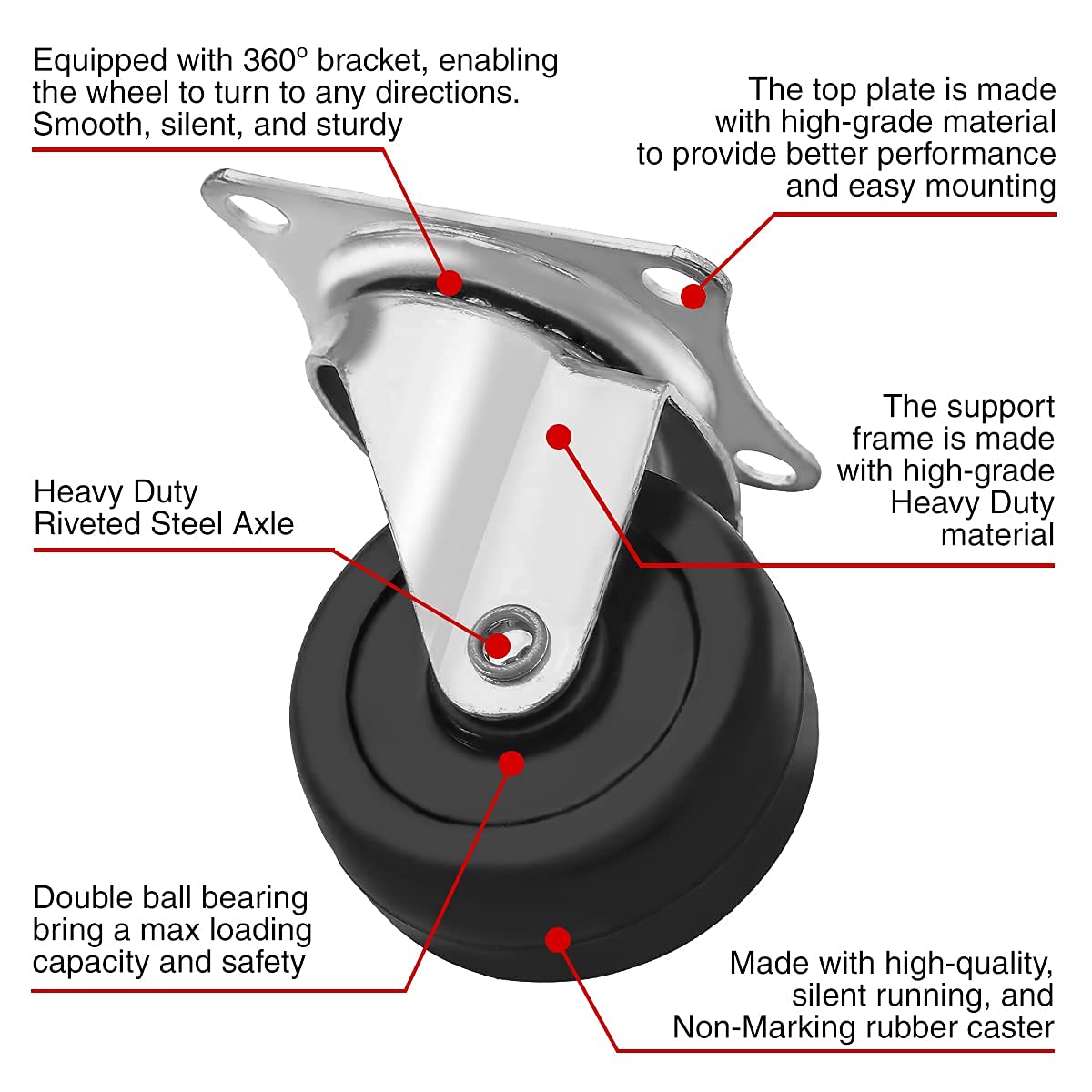 FactorDuty 8 Pack 2" Swivel Caster with Brake Wheels Hard Rubber Base w/Top Plate & Bearing (2" Combo-8 pcs) FactorDuty