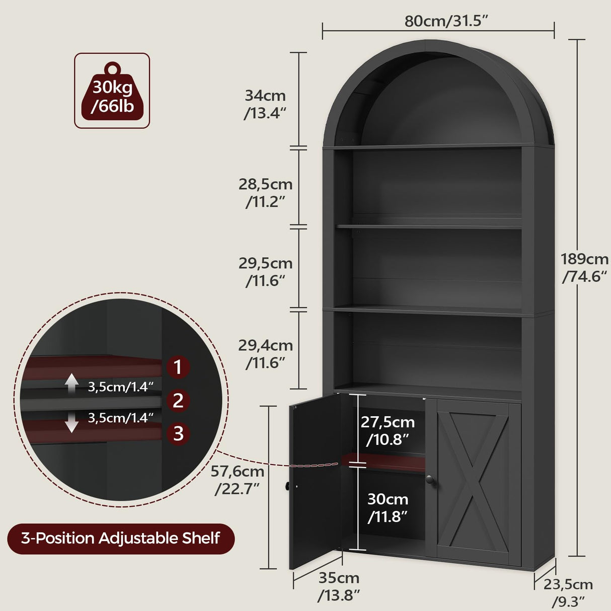 MAHANCRIS 6-Tier Bookshelf, 74.6'' Farmhouse Arched Bookcase with Cabinet, Freestanding Engineered Wood Display Bookshelf, with Adjustable Shelves, for Living Room, Study, Kitchen, Black BKBK2601 MAHANCRIS