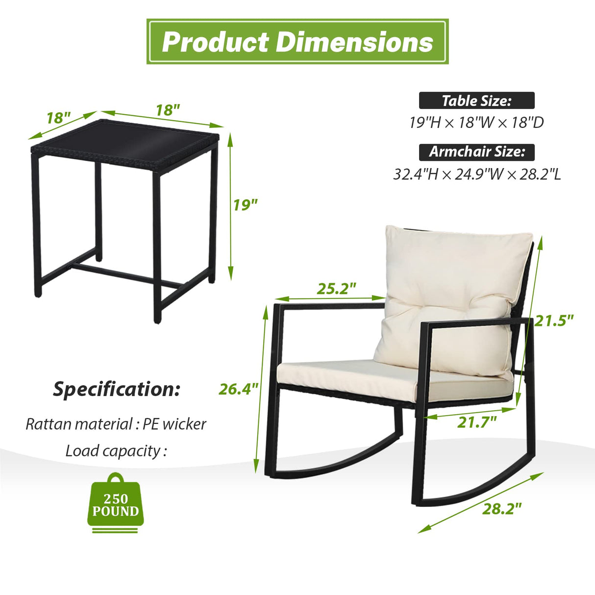 SUNCROWN 3 Piece Outdoor Rocking Bistro Set Black Wicker Furniture Porch Chairs Conversation Sets with Glass Coffee Table, Beige SUNCROWN