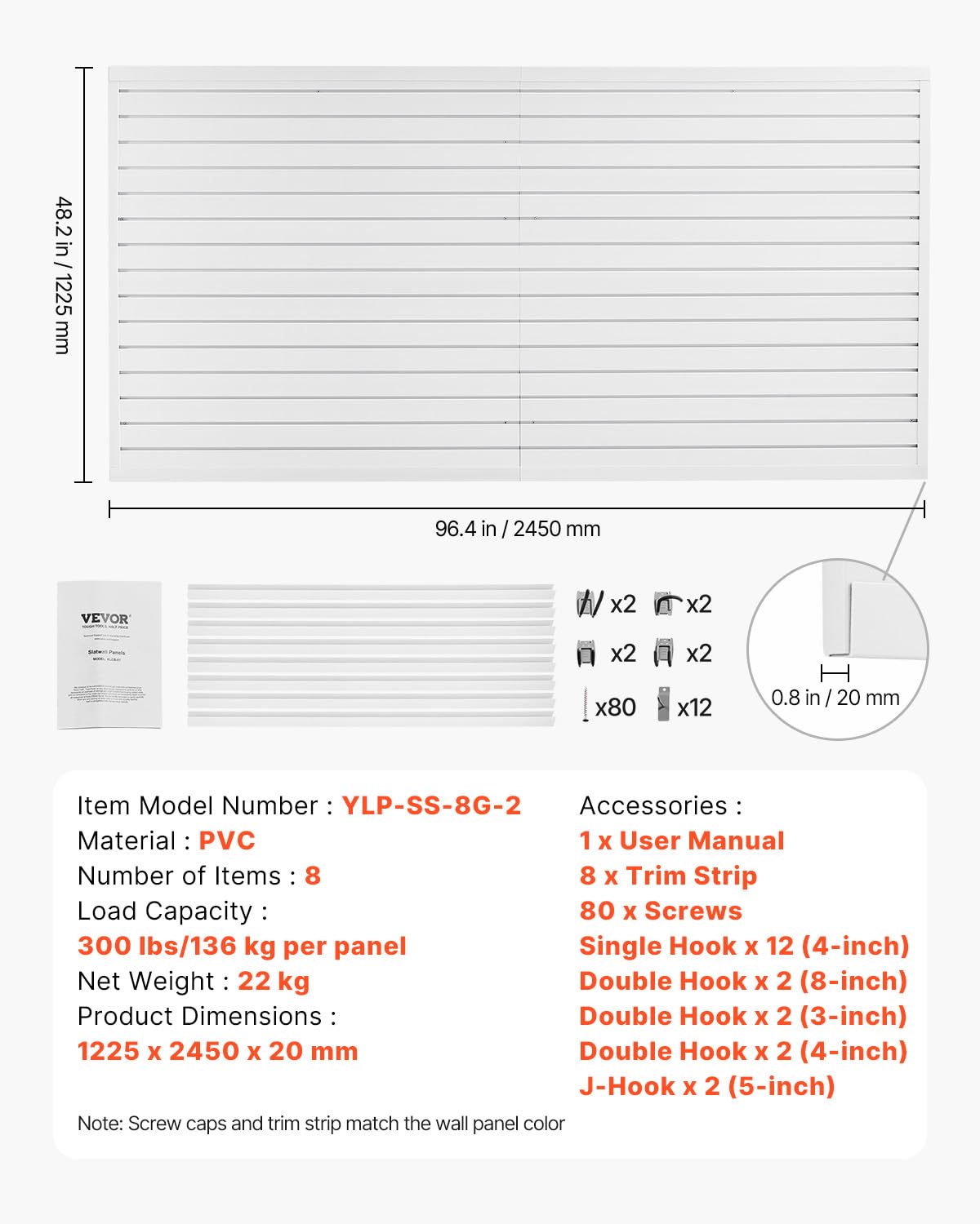 VEVOR Slat Wall Paneling, 8 x 4 ft, PVC Garage Slatwall with Accessories, White Slat Wall Easy-to-Install Adjustable Slatwall Panel with Coupling Structure & DIY Cutting, Fits for Storage & Display VEVOR
