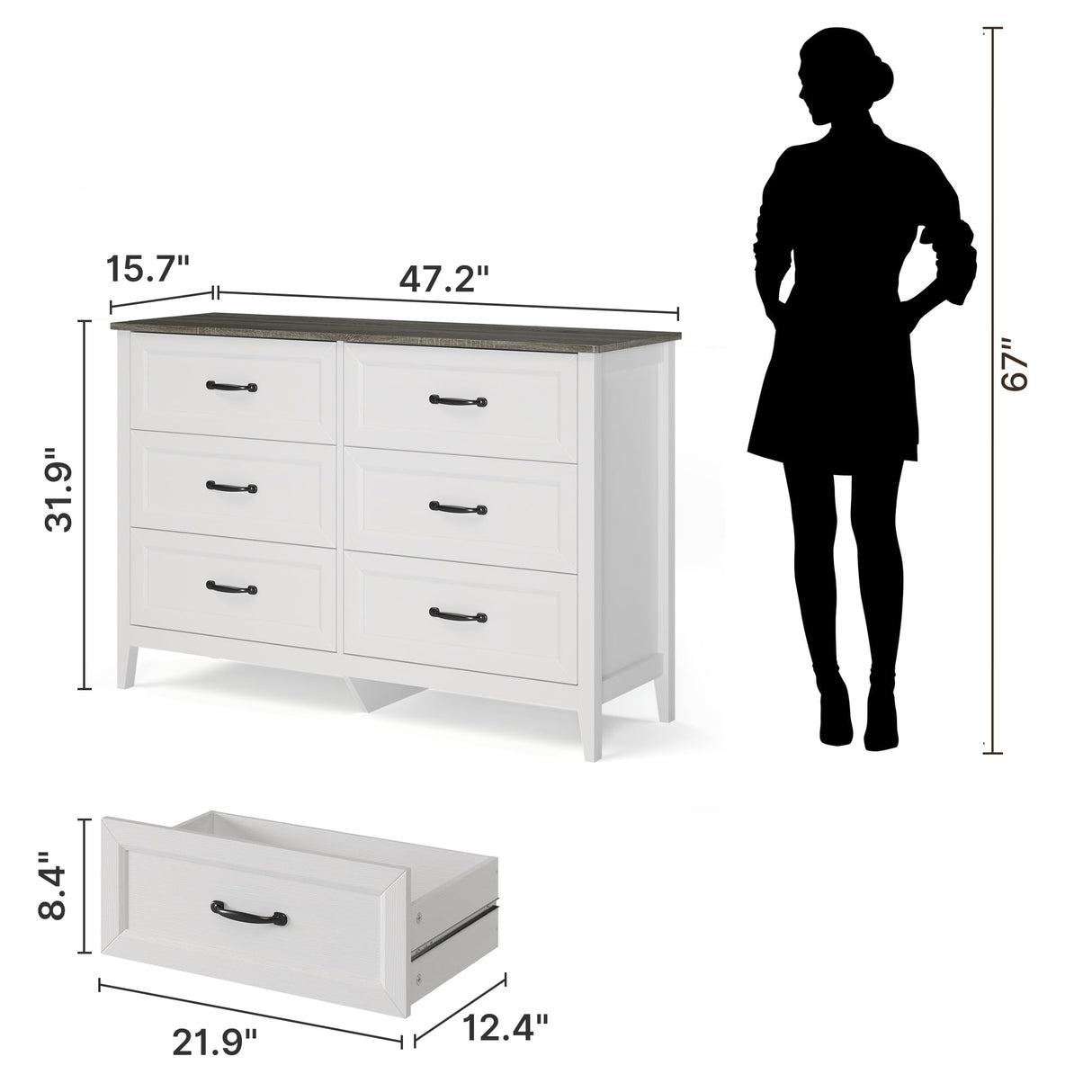 Gizoon 6 Drawer Dresser, 47.2" W Chest of Drawers, Modern Dresser for Bedroom, Wood TV Stand for Living Room, with Smooth Rail, Metal Handles, Anti-tip, for Hallway, Entryway, Grey Gizoon