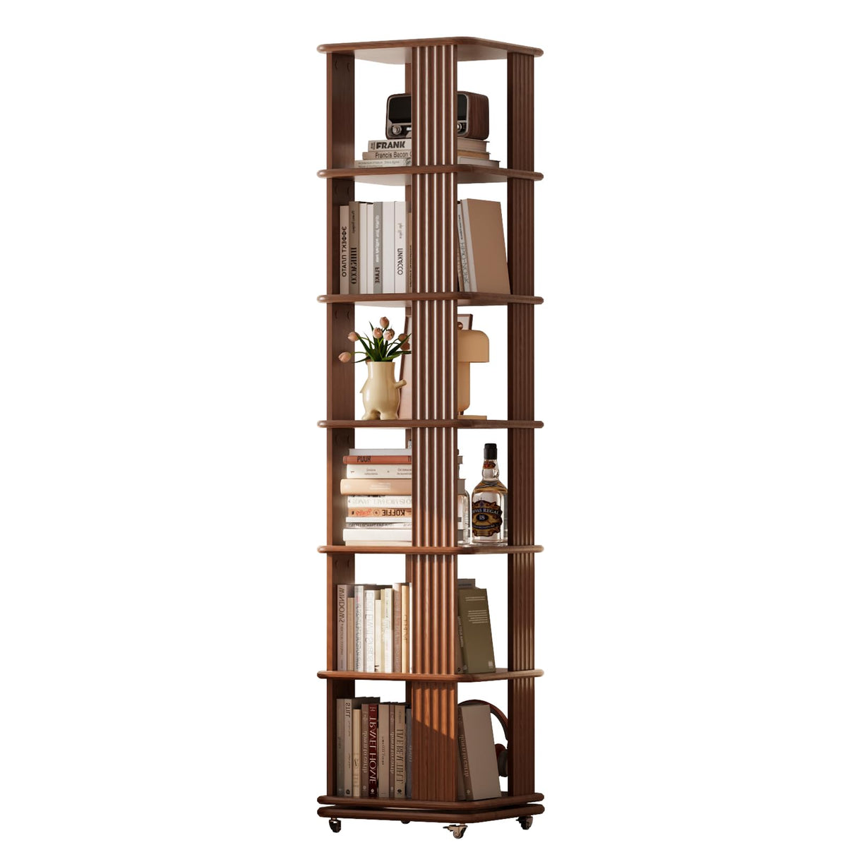 DONGMUWUJEE Solid Wood Rotating Bookshelf, 6-Tier Rolling Book Shelf,360 Degree Revolving Bookcase,Spinning Bookshelf Tower for Small Spaces, Corner, Bedroom,Office,Living Room,Classroom (Walnut) DONGMUWUJEE