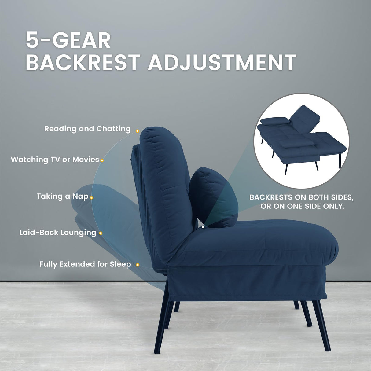 COMHOMA Convertible Sofa Bed,68″Fabric Couch with Adjustable Backrest,Loveseat Recliner Sleeper Living Room Furniture futon Set,Blue COMHOMA