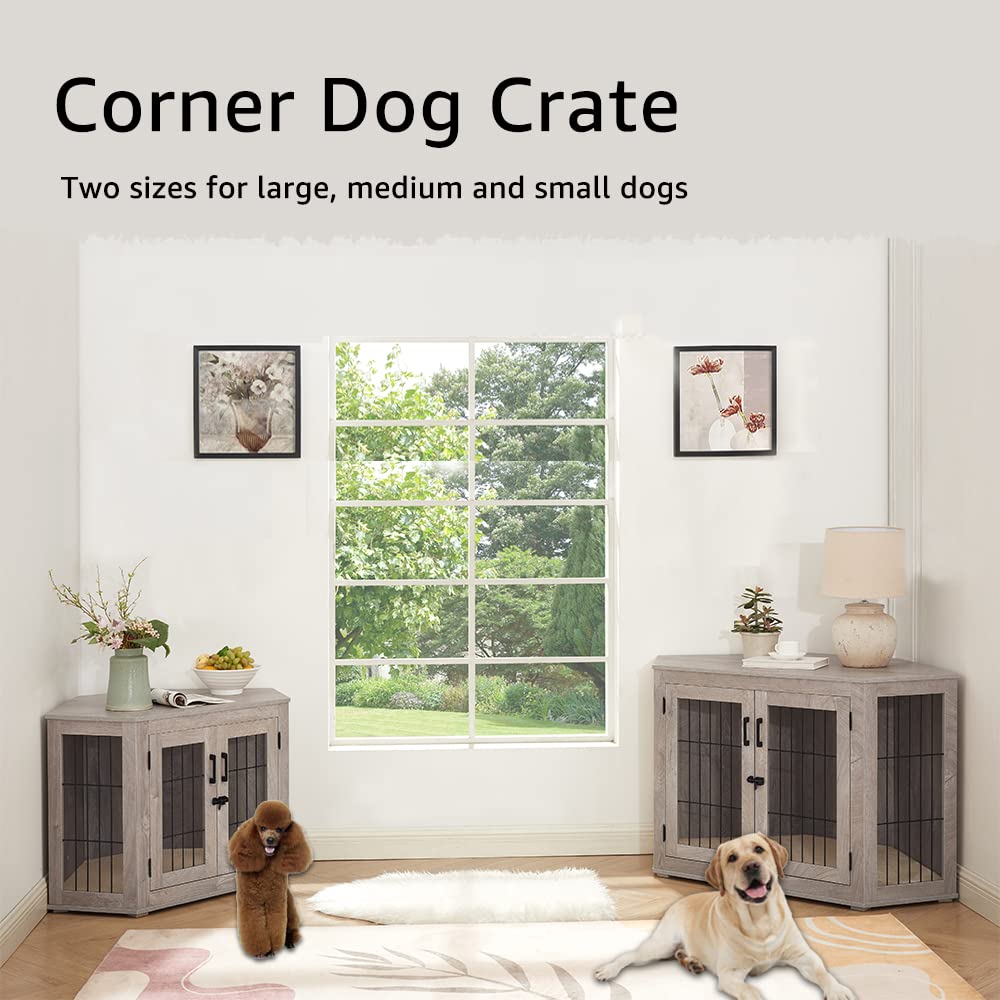beeNbkks Furniture Dog Crate Corner, Dog Kennel Corner Wooden End Table with Cushion, Indoor Pet Crates Corner Side Table for Dogs, Wide Top Perfect for Limited Room beeNbkks