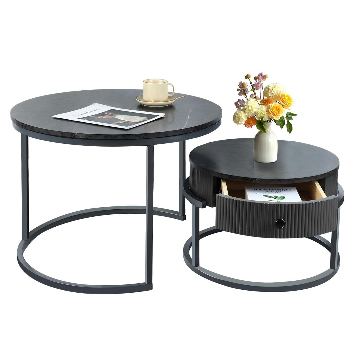 Round Nesting Coffee Tables Set: Gray Marble End Tables Set of 2 - Modern Metal Stacking Side Tables for Living Room Small Spaces Paradmas