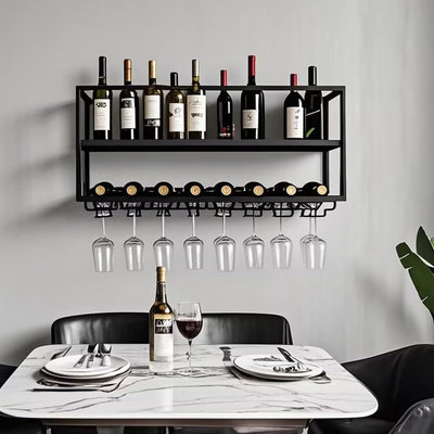 AKOGG Modern Wine Rack Wall Mounted with Glass Holder,Metal Liquor Shelf, Floating Bar Shelves,Liquor Bottle Display Shelf,Hanging Large Capacity Wine Storage Racks for Home Kitchen Dining Room