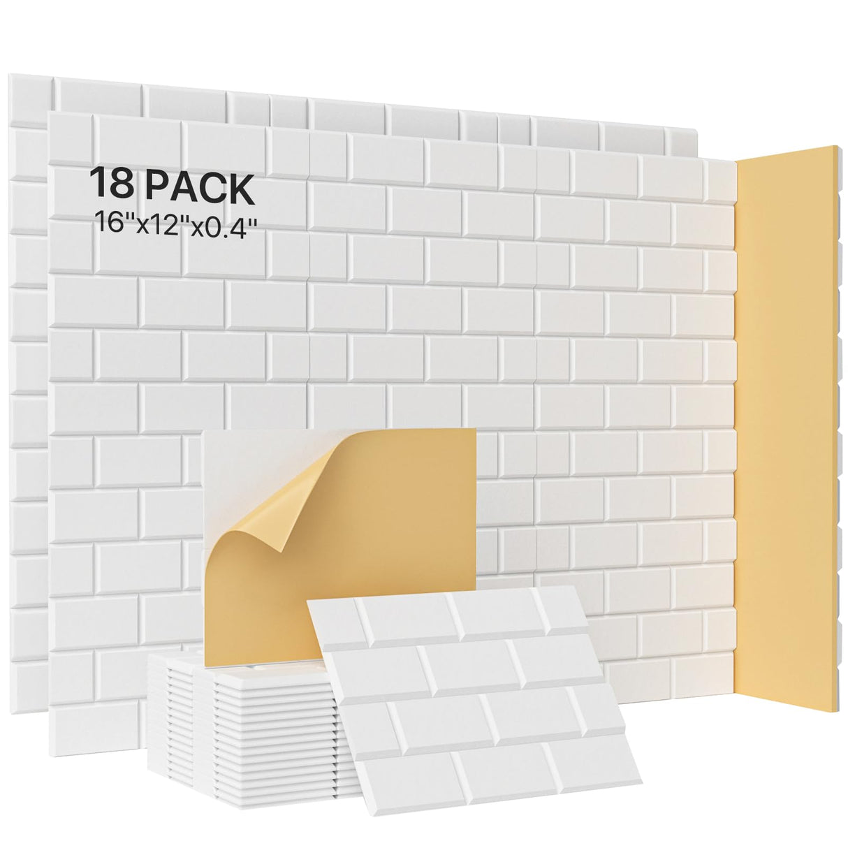 Upgraded Soundproof Wall Panels, Kuchoow Sound Proof Foam Panels for Walls, 18 Pack Brick Acoustic Panels Sound Absorbing 16''X12''X0.4'' Self-Adhesive Sound Panels, Sound Absorbing Panel 23ft², White Kuchoow
