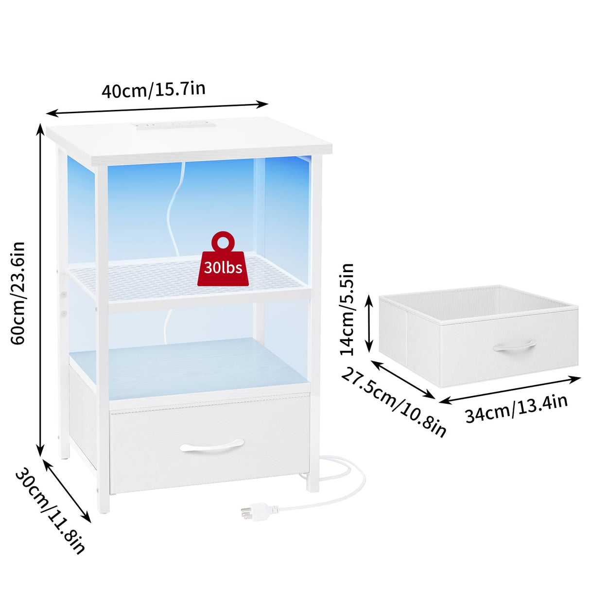 Fixwal Night Stand Set of 2 with Charging Station, LED Nightstand with Fabric Drawers, End Table with PU Finish, Bed Side Table, White Fixwal