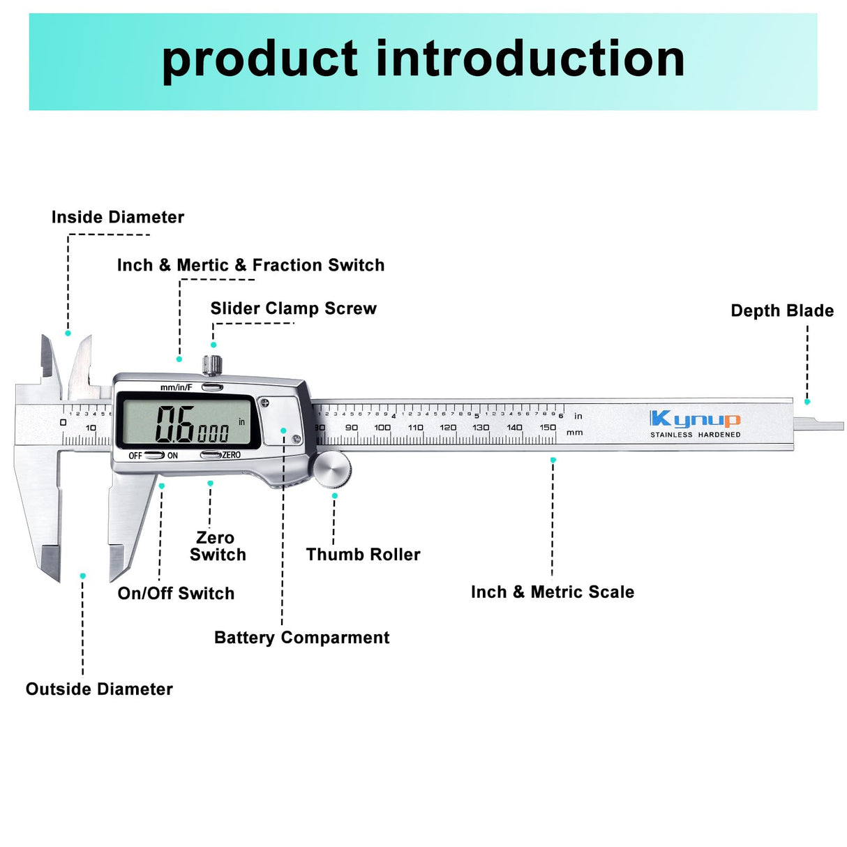 Kynup Digital Caliper, Caliper Measuring Tool, Micrometer Dial Vernier Caliper Digital, Full Turn Off, Stainless Steel, Switch from Inch Metric Fraction (6Inch/150MM) Kynup