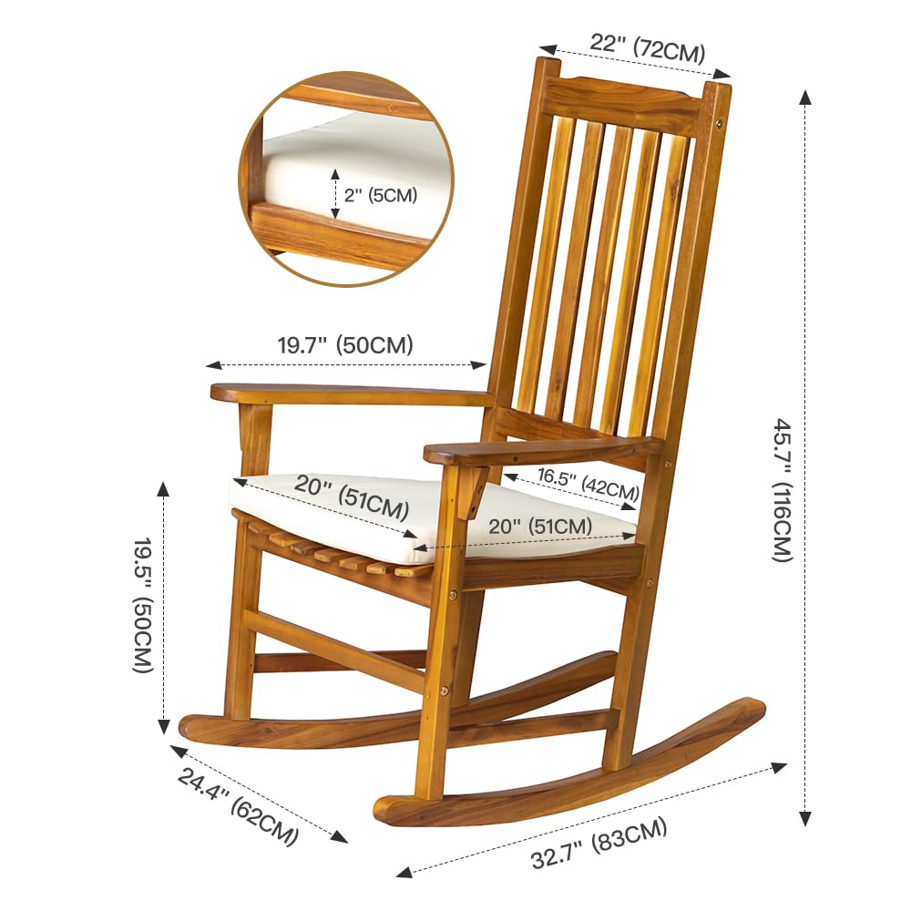Panana Acacia Wood Rocking Chair Outdoor Porch Rocker with Cushion for Patio, Garden, Balcony, Backyard, Living Room Panana
