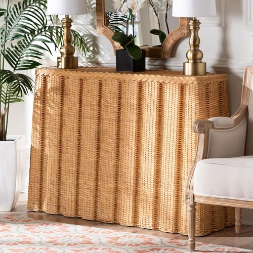 Bali & pari Andrea Natural Rattan Console Table - Handwoven Wicker Accent Table with Pleated Skirt, Boho Coastal Decor bali & pari