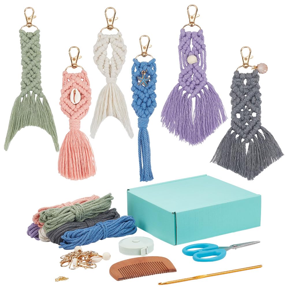 ACRNIGHEET 6PCS Seashell Macrame Keychain Kit for Beginners DIY Boho Macrame Making Kit for Adults Colorful Keychain Macrame Starter Kit for Keys Bags Charms Ocean Macrame Keychain Kit with Video ACRNIGHEET