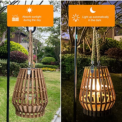 Hanging Solar Lantern Rattan Outdoor Lanterns for Patio Waterproof with Handle Large Bright Natural Bamboo Solar Table Lamp LED Lights Edison Bulb Design Decor for Wedding Yard Garden Farmhouse pearlstar