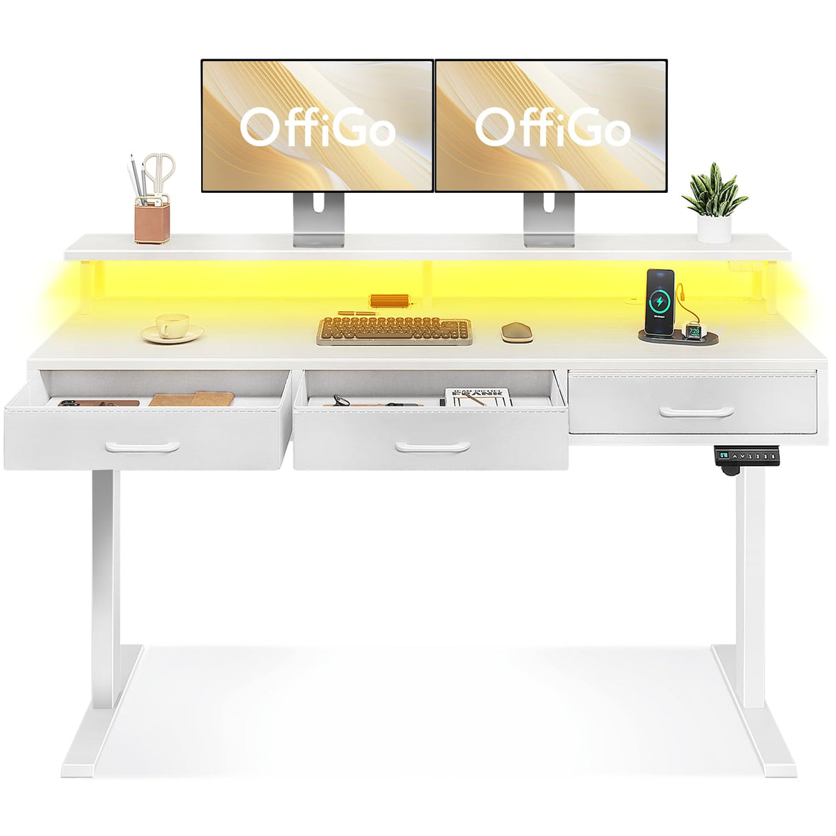 OffiGo Electric Standing Desk with Drawers, 63 Inch Height Adjustable Desk with Power Outlets & LED Lights, Sit Stand Table with Monitor Stand for Home, Office, Workstation, White OffiGo