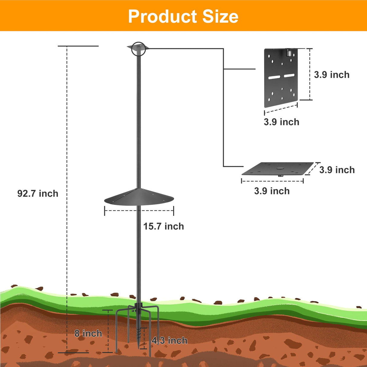 92 Inch Smart Bird Feeder Pole with Auger Anchor for Outdoor, Heavy Duty Adjustable Bird House Stand Pole, Birdhouse Post Mount Kit, Metal Squirrel Proof Baffle (No House/Feeders) SLIIMU