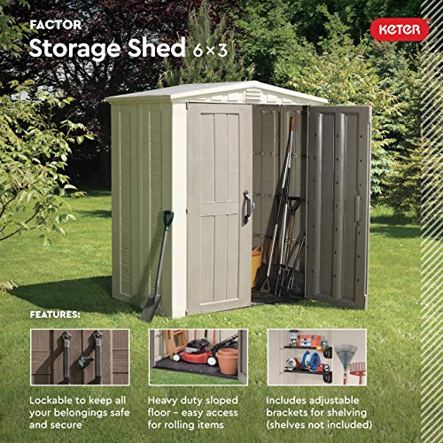 Keter Factor 6x3 Outdoor Storage Shed Kit-Perfect to Store Patio Furniture, Garden Tools Bike Accessories, Beach Chairs and Push Lawn Mower, Taupe & Brown Keter