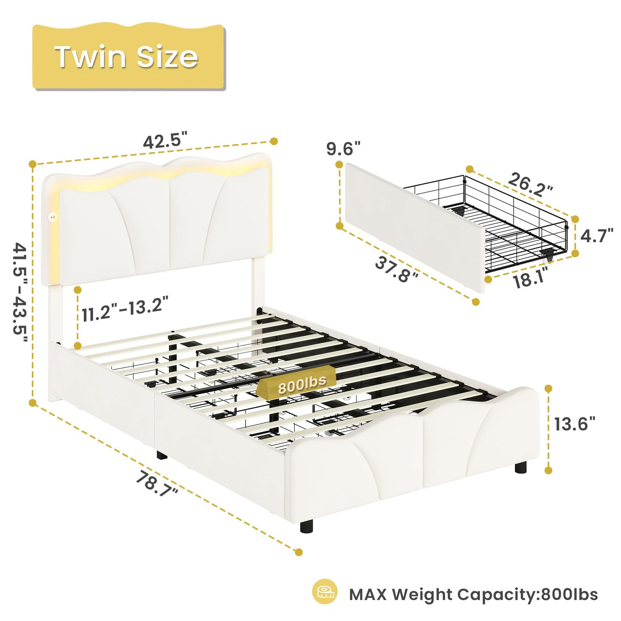 MSmask Twin Bed Frames with 4 Storage Drawers and LED Lights, Velvet Upholstered Platform Bed Frame with Height Adjustable Headboard, LED Bed Frame with Type C & USB, No Box Spring Needed, White MSmask