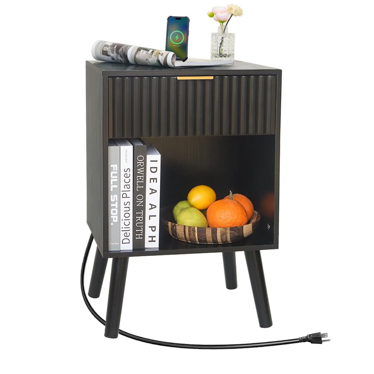 Fultyle Fluted Black Nightstand with Charging Station, Mid Century Modern Bedside Table with Drawers and Outlet,Side Tables Living Room, Wooden Night Stand for Bedroom, Office (Black) Fultyle