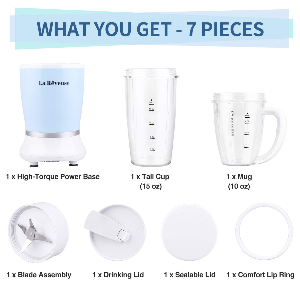 La Reveuse Personal Size Blender 250 Watts Power for Shakes Smoothies Seasonings Sauces with 1 Piece 15 oz Cup,1 Piece 10 oz Mug,BPA-Free (Sky Blue) La Reveuse