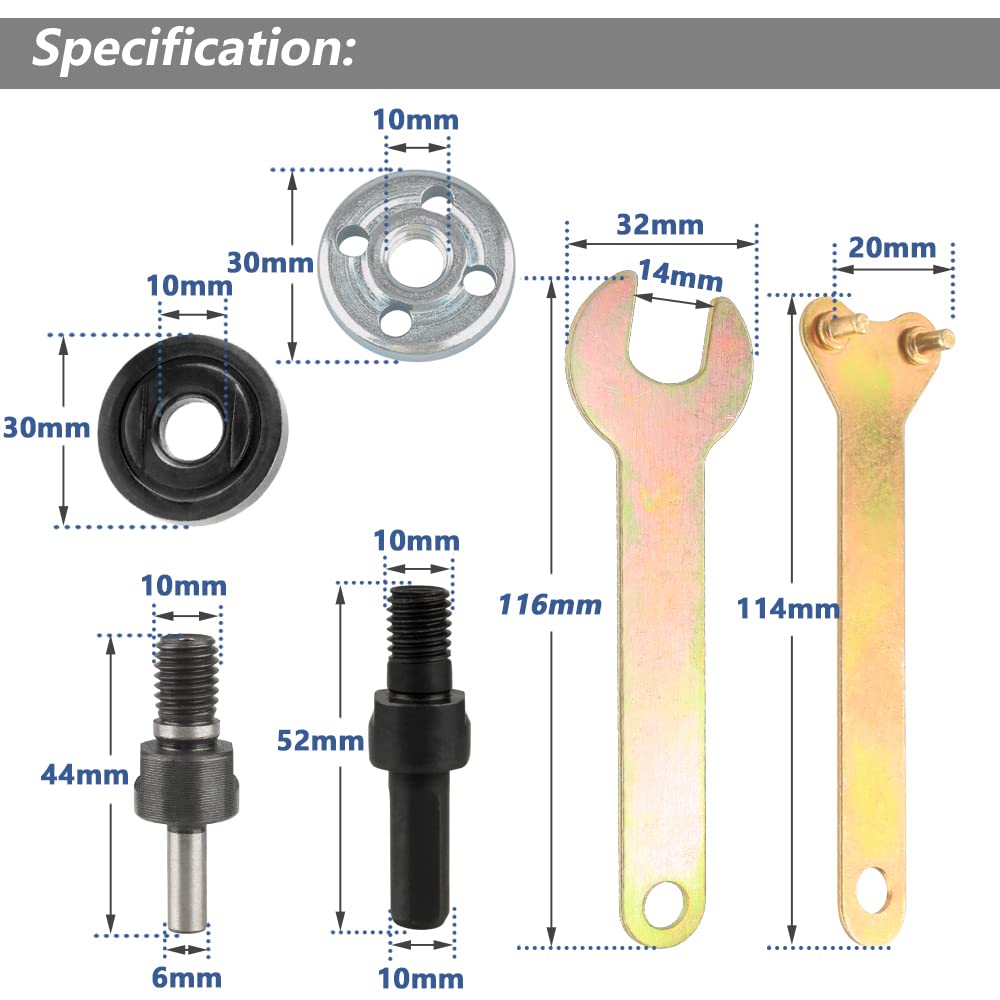 Yakamoz Drill Angle Grinder Adapter with Flange Nut Parts Set, 6mm and 10mm Drill Arbor Mandrel Adaptor with 3 Set Replacement Grinder Flange Nuts and Spanner Wrench Conversion Tool YAKAMOZ
