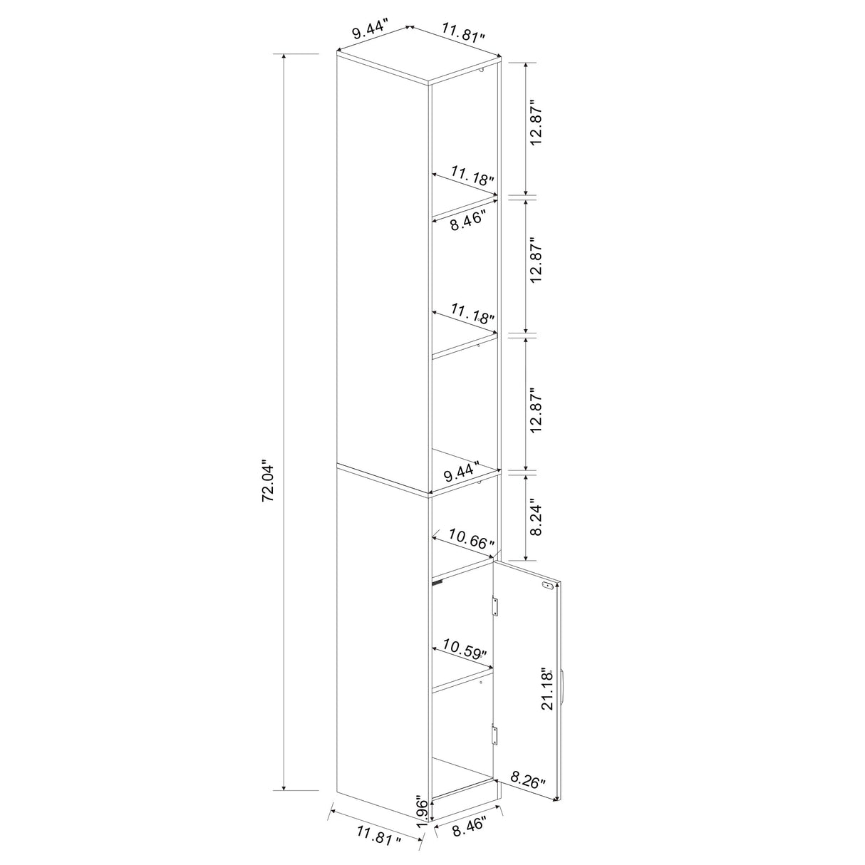 RASOO 72" Tall Narrow Bookcase Slim Storage Cabinet Freestanding Cabinet, 6-Tier Cube Display Rack CD DVD Slim Media Open Shelves Tower Rack, Narrow Bookshelf Display with Door and Adjustable Shelf RASOO