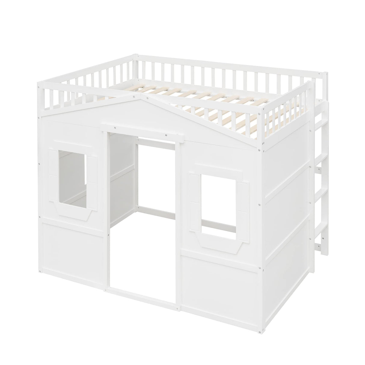 Full House Loft Bed Frame for Kids, Wood Full Loft Bed with Windows and Guardrail, Playhouse Bed, Full Size Loft Bed for Boys & Girls, No Box Spring Needed, Underbed Height is 51 Inches, White Harper & Bright Designs