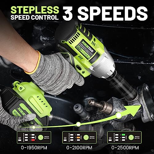 Robustrue Cordless Impact Wrench, 590Ft-lbs (800N.m) Brushless 1/2 inch Impact Wrench, 2500RPM Max Torque Impact Gun, 2x 4.0Ah Battery, Charger, 4 Sockets, Electric Impact Wrench for Car Truck RV Robustrue