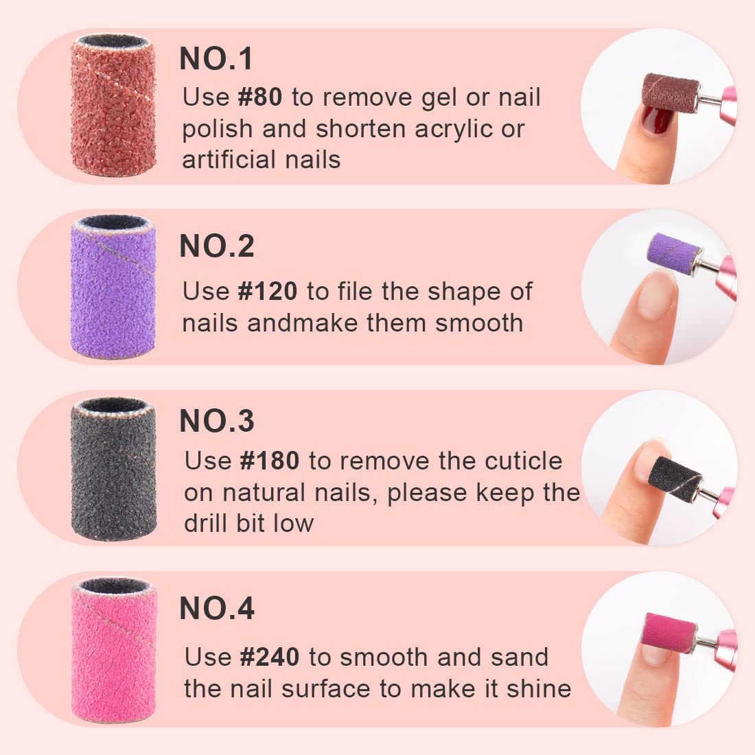Rolybag Sanding Bands for Nail Drill Nail Sanding Bands Professional Sanding bit Nails 240 Pieces 4 Color Coarse Fine Grit Efile Sand Set 80#120#180#240# 2 Pieces Nail Drill Bits Rolybag