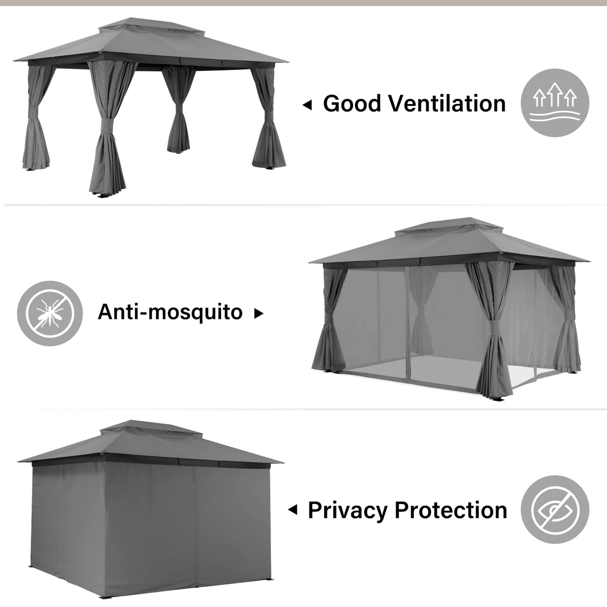 LAUSAINT HOME Outdoor Patio Gazebo 10'x13' with Expansion Bolts, Heavy Duty Party Tent & Shelter with Double Roofs, Mosquito Nettings and Privacy Screens for Backyard, Garden, Lawn, Smoke Grey LAUSAINT HOME