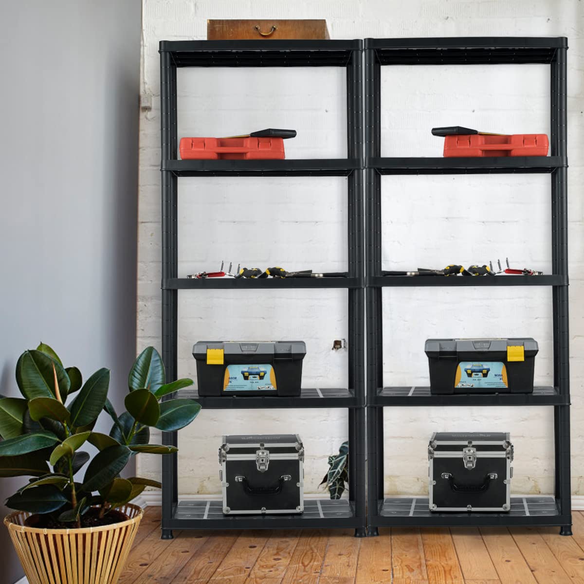 LDAILY 5 Tier Plastic Storage Shelves, Easy to Assemble Garage Rack, Multi-Use Free Standing Shelf Unit, Heavy Duty Shelving for Home Office, Black(2, 28“L X 15”W X 67“H) LDAILY