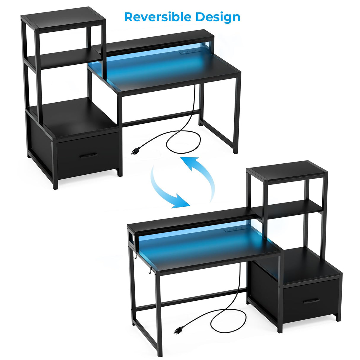 GreenForest Computer Desk with Drawers and Monitor Stand, Home Office Desk with Storage Shelves, Small Gaming Desk with Power Outlets and LED Lights for Study Writing Working, 51 inch Black GreenForest