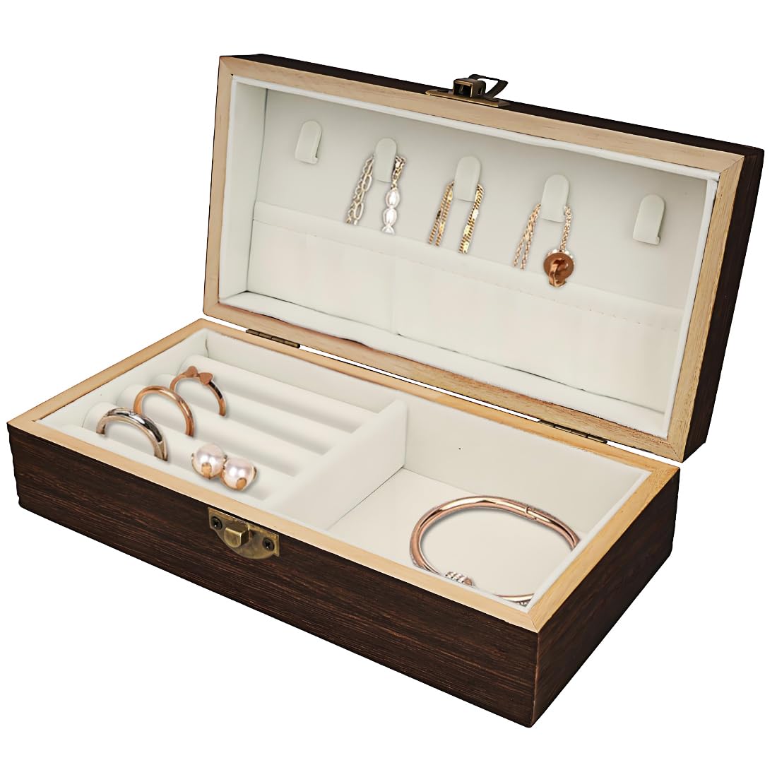 Handmade Wood Jewelry Box - Stylish Wood Travel Organizer for Women & Men, Unique Gift Ideas for Rings, Earrings, Necklaces & Bracelets, Flame Work Finish (Brown) DBlosp