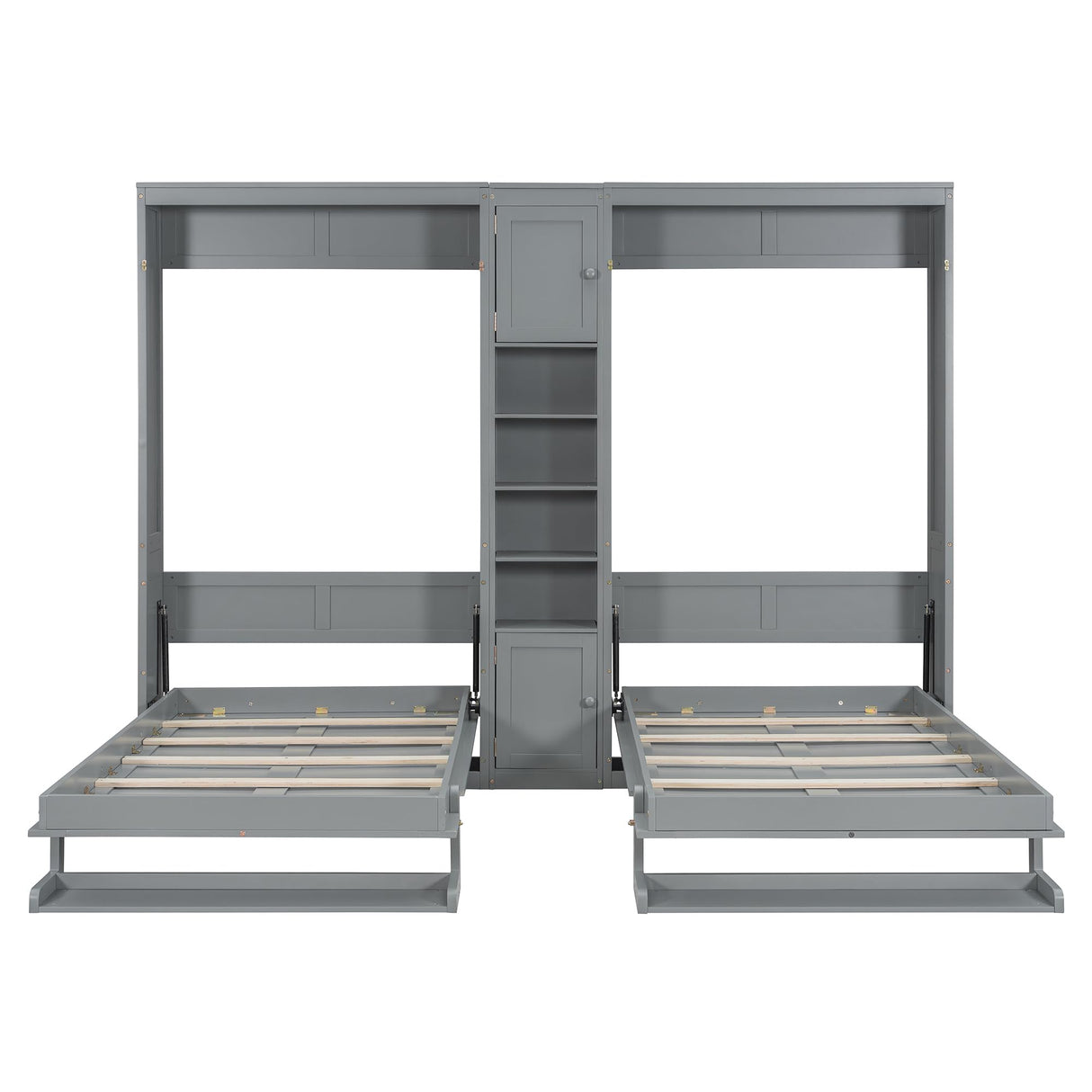 2-in-1 Design Dual Murphy Bed Twin Size with Cabinets and Shelves, Wood Wall Murphy Bed, Can be Folded Platform Bed with Convertible Shelf-Legs for Guest Room Home Office (Gray-7.23) XD Designs