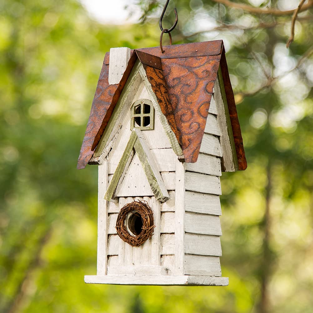Glitzhome 12" H Washed White Distressed Solid Wood Cottage Birdhouse Hanging Bird House for Outdoors Glitzhome