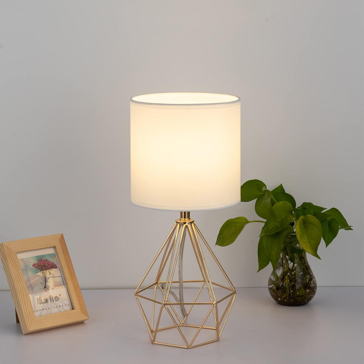 COTULIN Gold Modern Hollow Out Base Bedroom Small Table Lamp,Bedside Nightstand Lamp with Geometric Metal Base White Fabric Shade,Cute Desk Lamp for Kids Living Room COTULIN