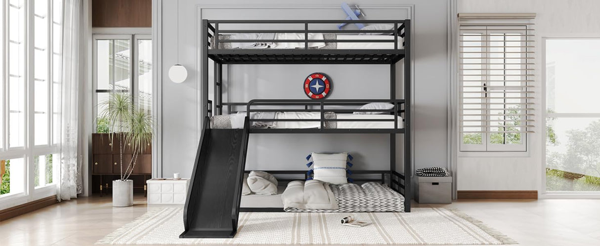 Metal Triple Bunk Bed with Slide, Twin XL Over Twin XL Over TwinXL Bunkbeds with Ladder, Heavy Duty 3 Bunk Bed Frame with Safety Guardrails for 3 Teen/Adults, Easy Assembly, Black Bellemave