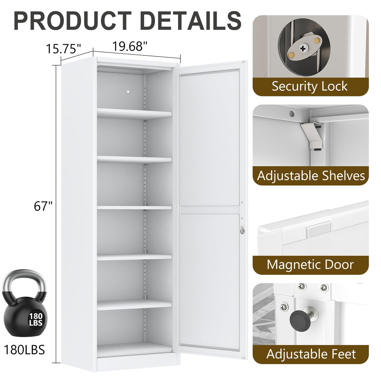 pozdeg 67" Metal Storage Cabinet with Lock, Tall Narrow Office File Cabinets with 5 Adjustable Shelves, Metal Steel Locker for Home, School, Office, Garage or Gym (White) pozdeg
