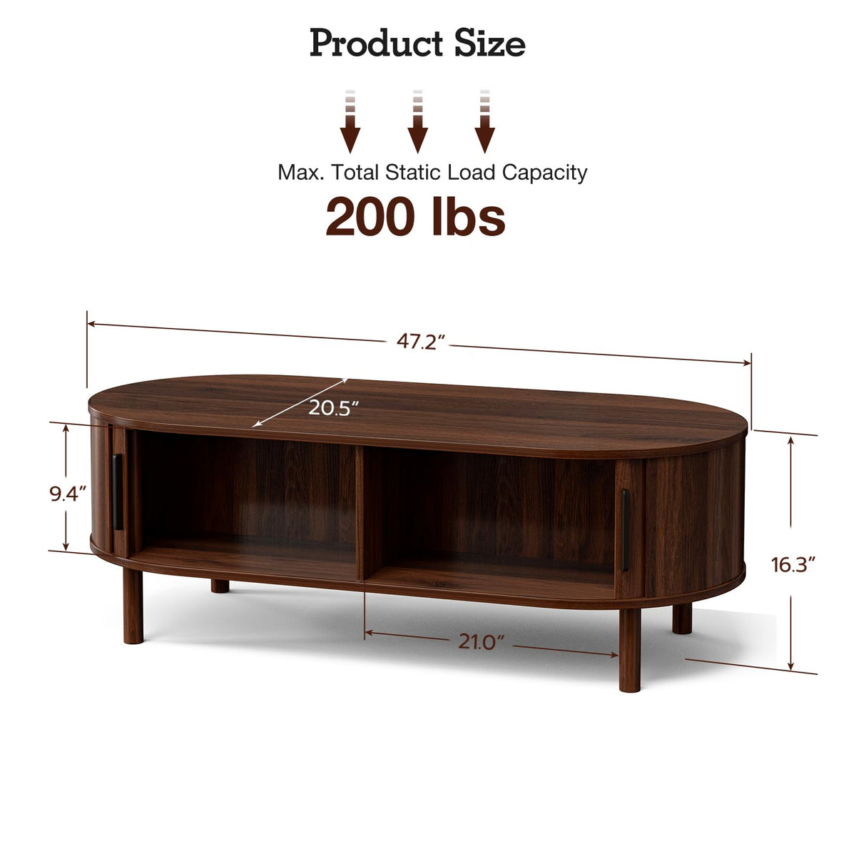 ZttRiee Coffee Table for Living Room, Modern Oval Coffee Table with Cabinets & Sliding Doors, Home Small Space, 47.2" Fluted Center Table, Walnut ZttRiee
