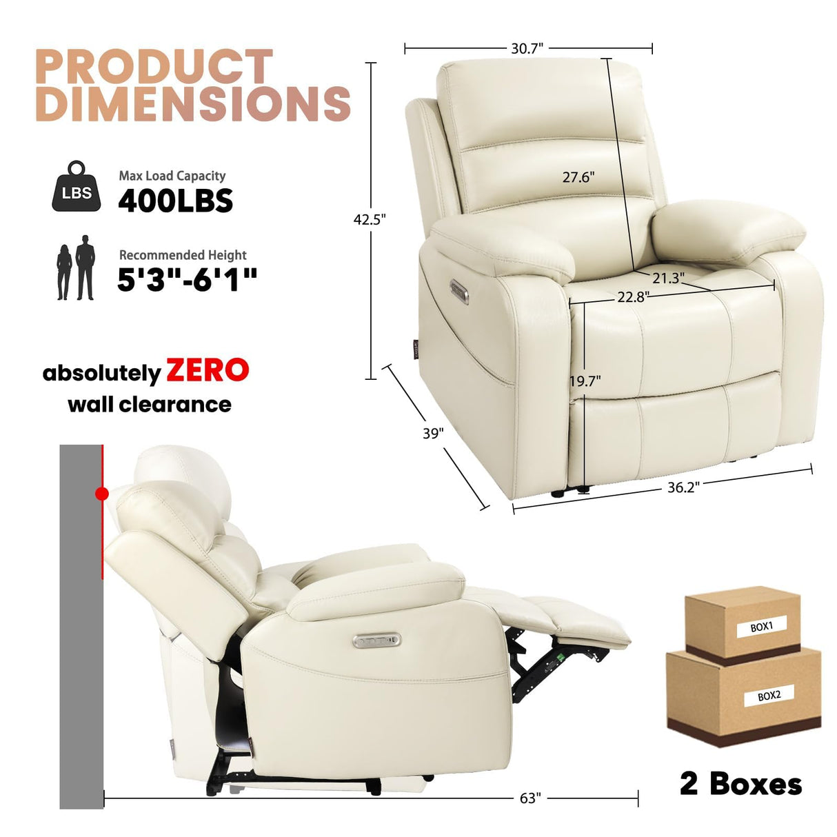 EONIX Real Zero Clearance Wall Hugger Recliners, Power RV Recliner Chairs for Small Spaces, Dual Motor Home Theater Recliners with Massage and Heat, SXXY003992, Cream White EONIX